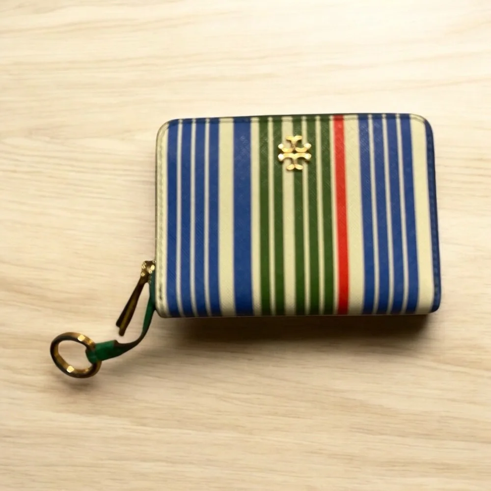 Tory Burch Striped Blue and Green leather wallet EUC